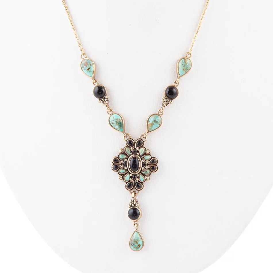 Barse Barcelona Black Onyx and Blue Turquoise Golden Y-Necklace