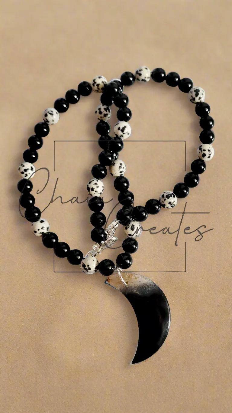 Black & Clear Druzy Agate Moon Pendant on Dalmatian Jasper and Onyx Beaded Necklace