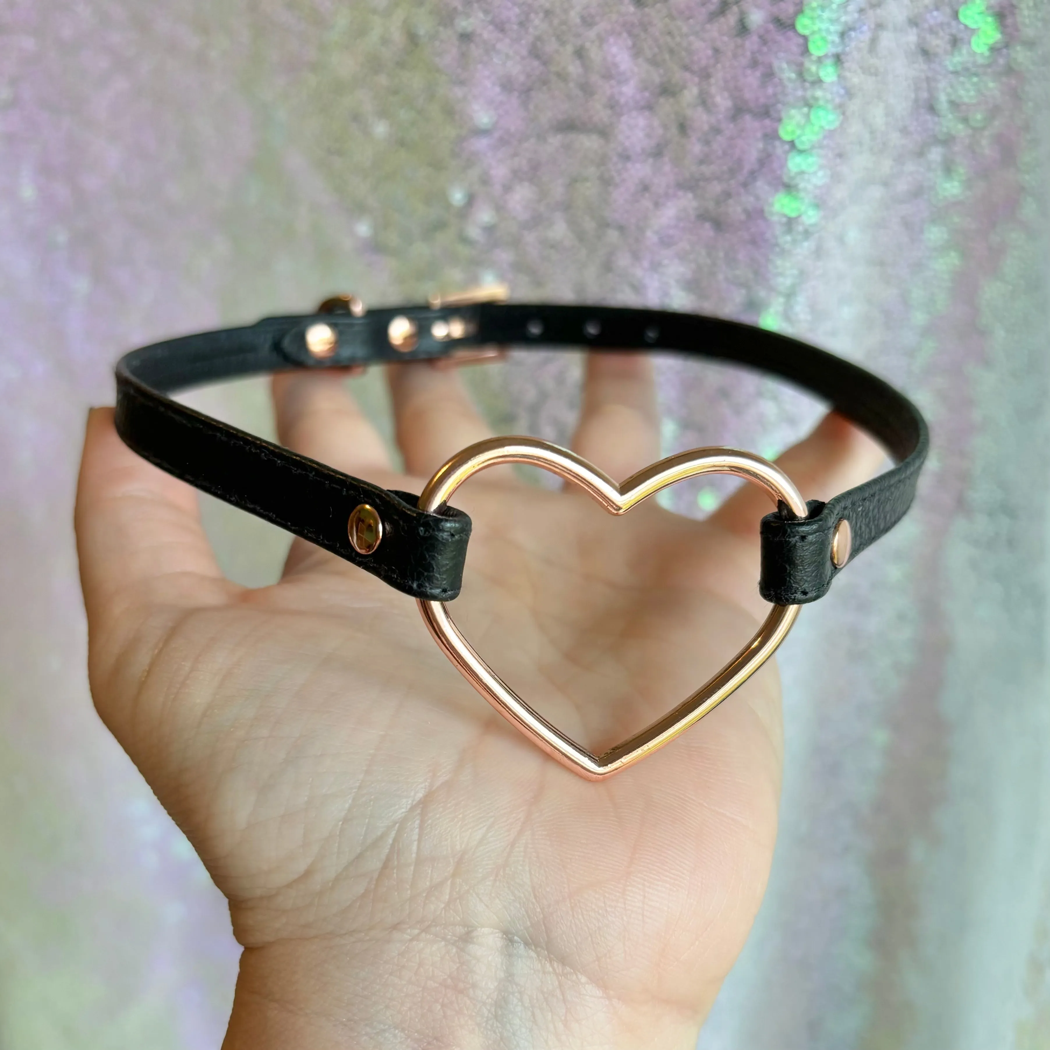 Black and Rose Gold Heart Ring Mini BDSM Leather Collar