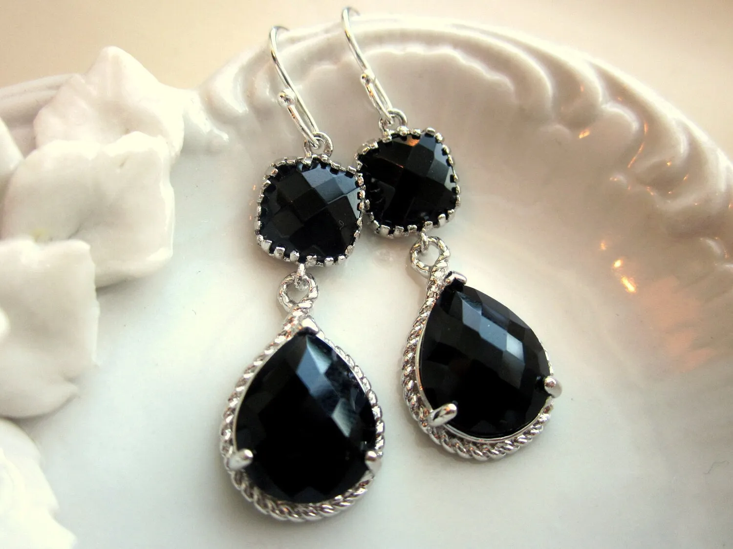 Black Earrings Onyx Silver Two Tier Earrings Teardrop Glass - Bridesmaid Earrings Wedding Earrings Bridal Earrings