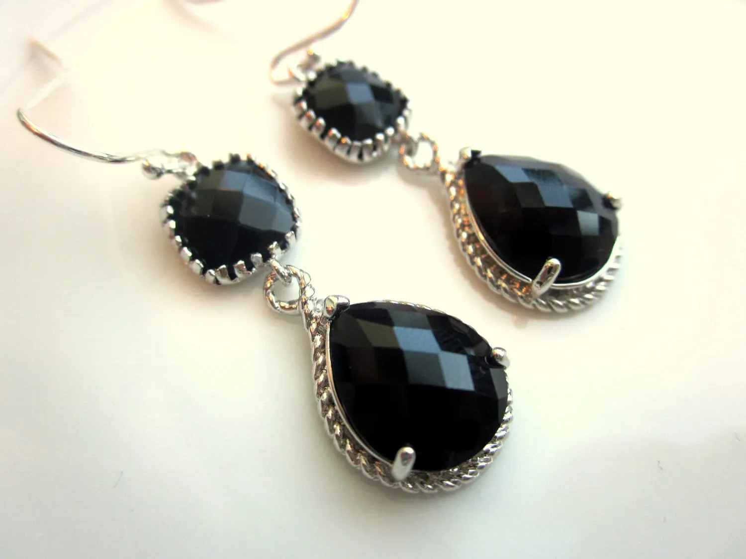 Black Earrings Onyx Silver Two Tier Earrings Teardrop Glass - Bridesmaid Earrings Wedding Earrings Bridal Earrings