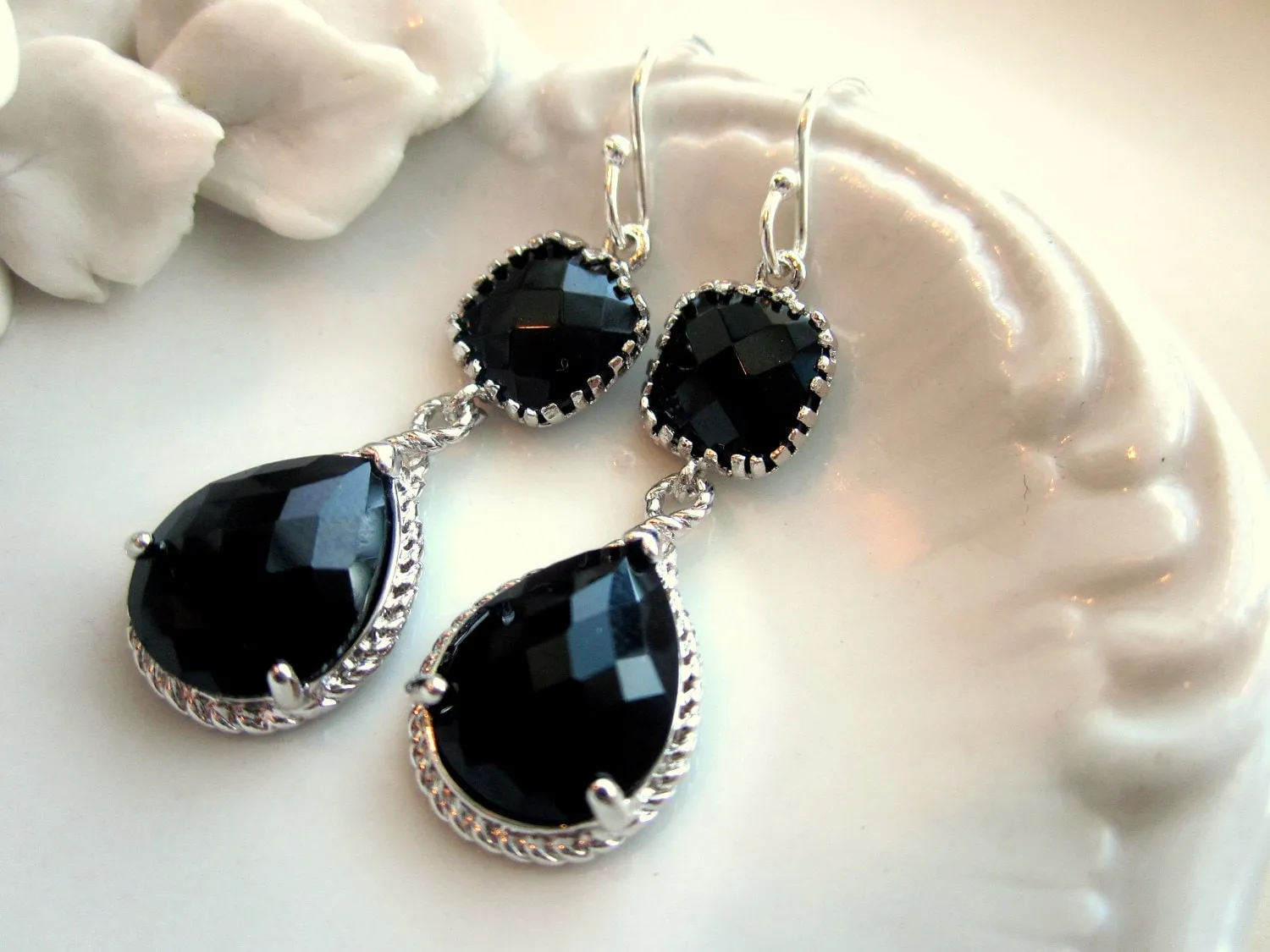 Black Earrings Onyx Silver Two Tier Earrings Teardrop Glass - Bridesmaid Earrings Wedding Earrings Bridal Earrings