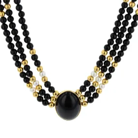 Black Onyx and Pearl Triple Strand Necklace