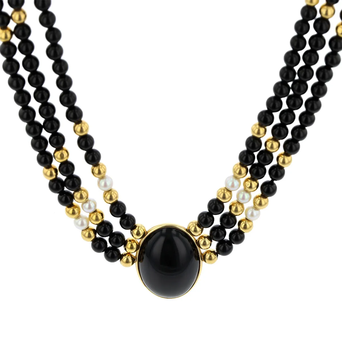 Black Onyx and Pearl Triple Strand Necklace