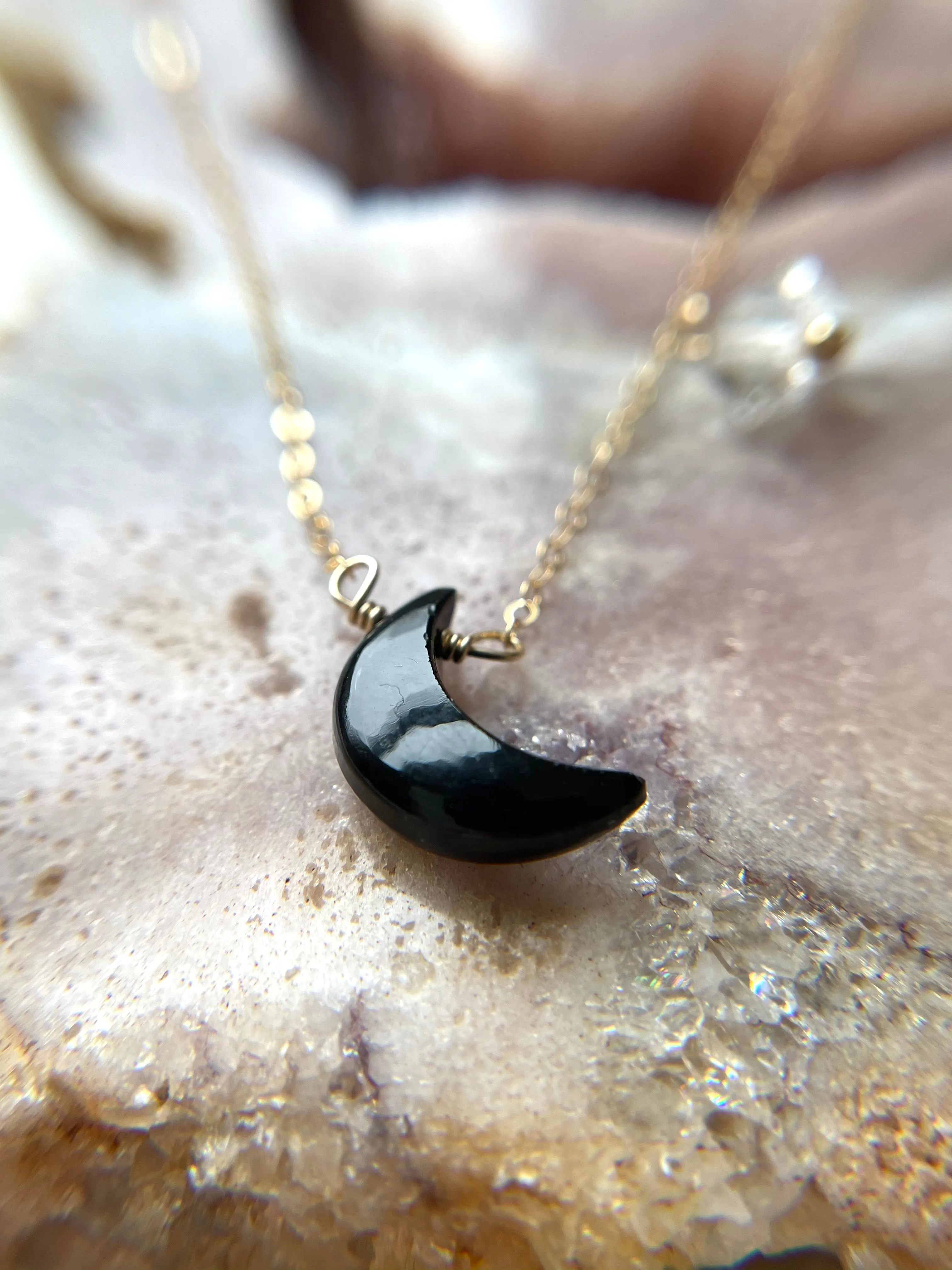 Black Onyx Crescent Moon Necklace with Herkimer Diamond accent - gold fill or sterling silver