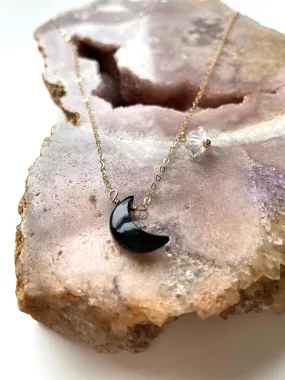 Black Onyx Crescent Moon Necklace with Herkimer Diamond accent - gold fill or sterling silver