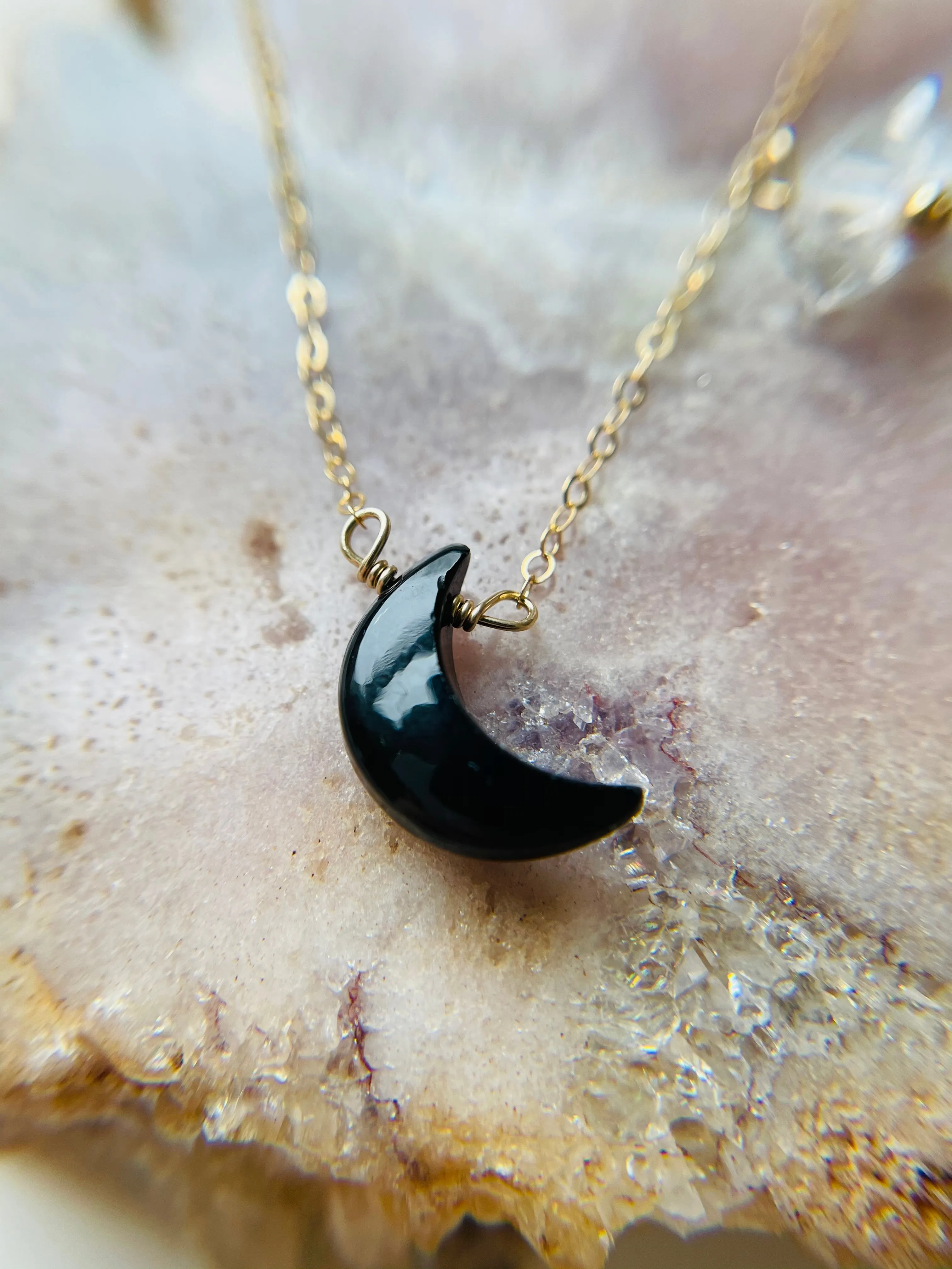 Black Onyx Crescent Moon Necklace with Herkimer Diamond accent - gold fill or sterling silver