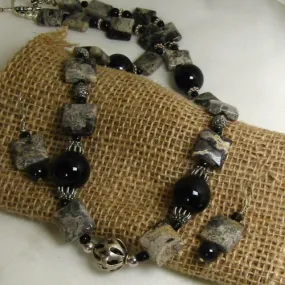 Black Onyx  Picasso Jasper Gemstone Necklace & Earrings