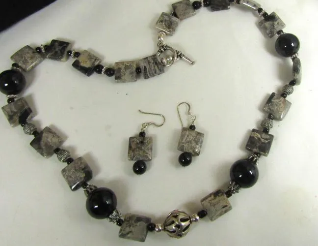 Black Onyx  Picasso Jasper Gemstone Necklace & Earrings