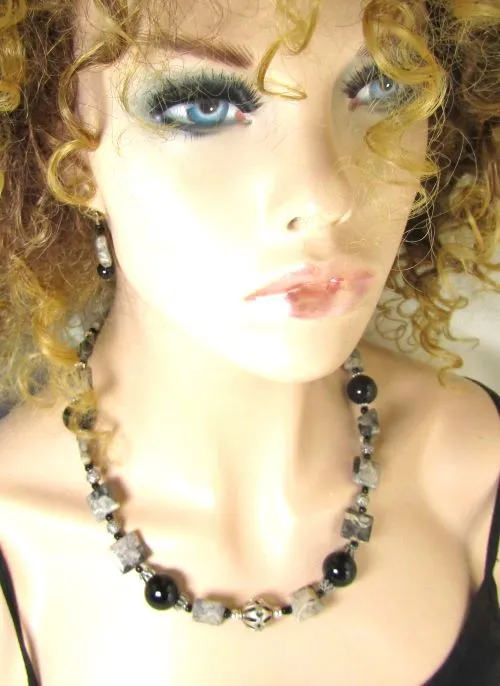 Black Onyx  Picasso Jasper Gemstone Necklace & Earrings