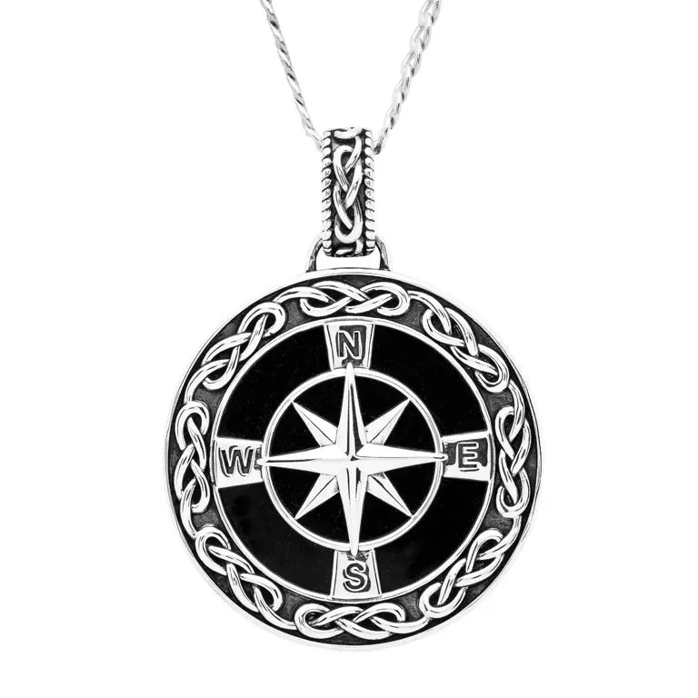 Black Onyx Sterling Silver Men’s Celtic Compass North Star Necklace