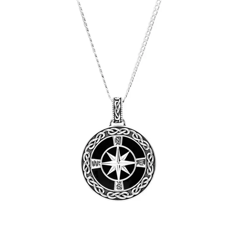 Black Onyx Sterling Silver Men’s Celtic Compass North Star Necklace