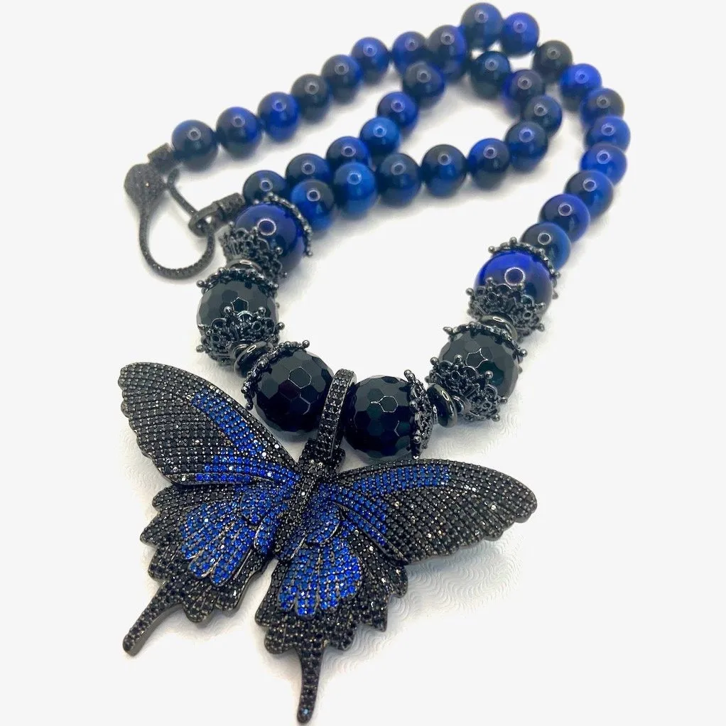 Blue Hawk's Eye Gemstone Pave Butterfly Pendant Necklace 20"