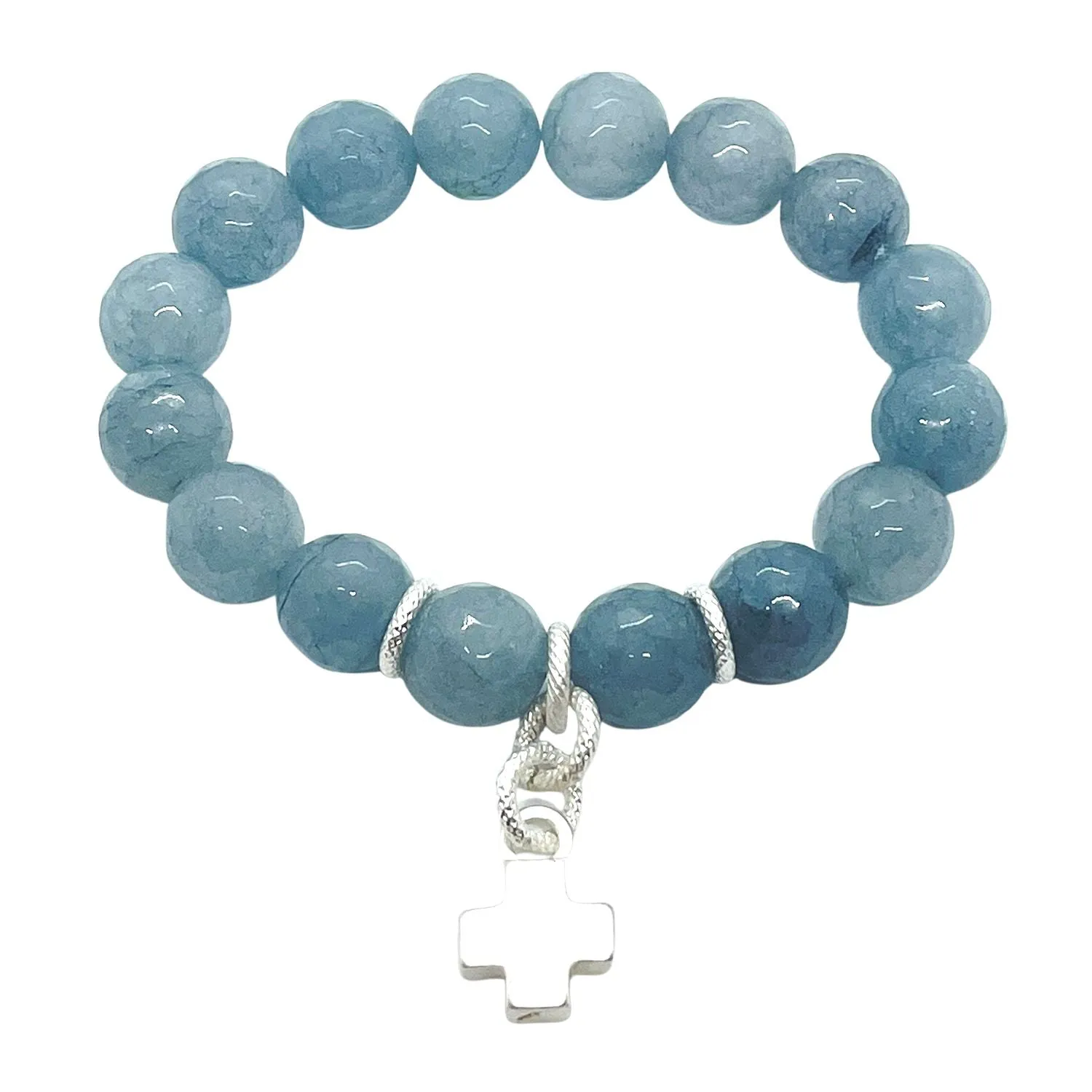 Blue Jade And Matte Silver Cross Charm Stretch Bracelet