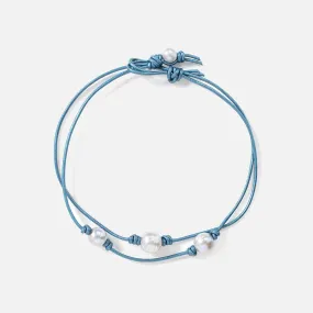 Blue Ocean Double Pearl Leather Choker