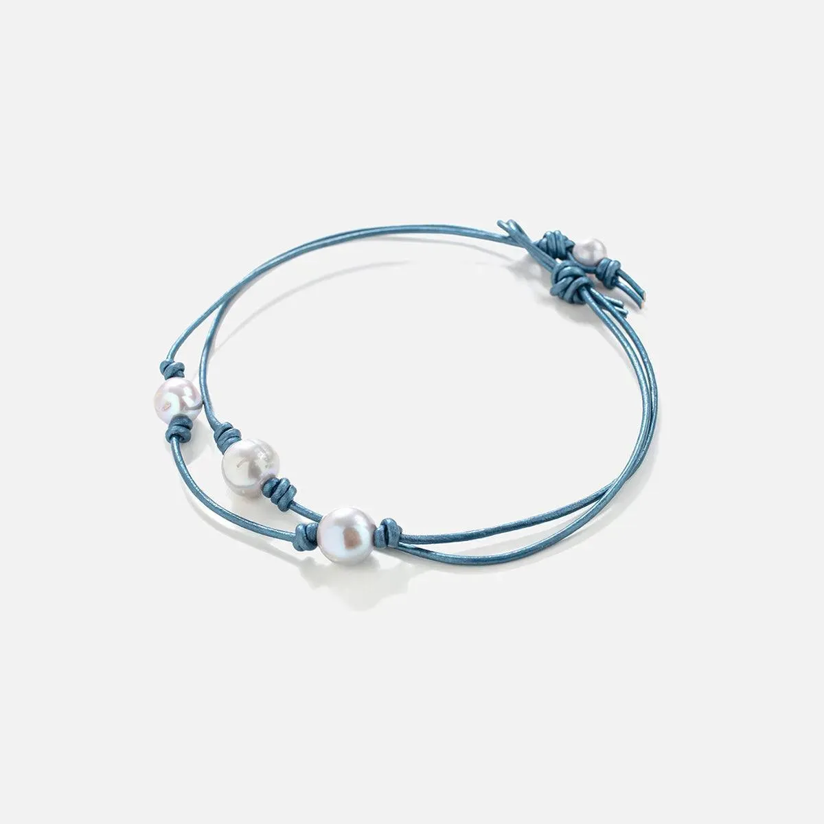 Blue Ocean Double Pearl Leather Choker