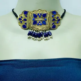 Blue Statement Choker Necklace With Earrings