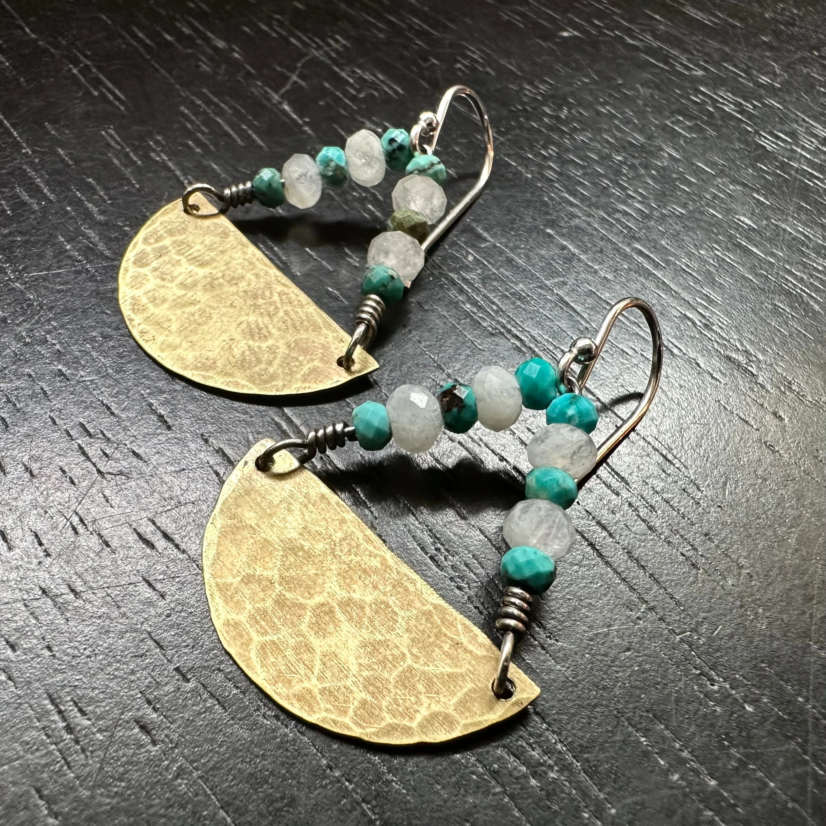 Brass Half Moon Earrings with Turquoise and Moonstone