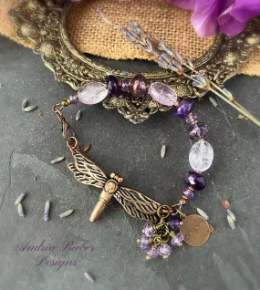 Bronze dragonfly cuff, amethyst stone, bronze metal bracelet.