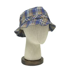 Bucket hat in blue check washed linen madras