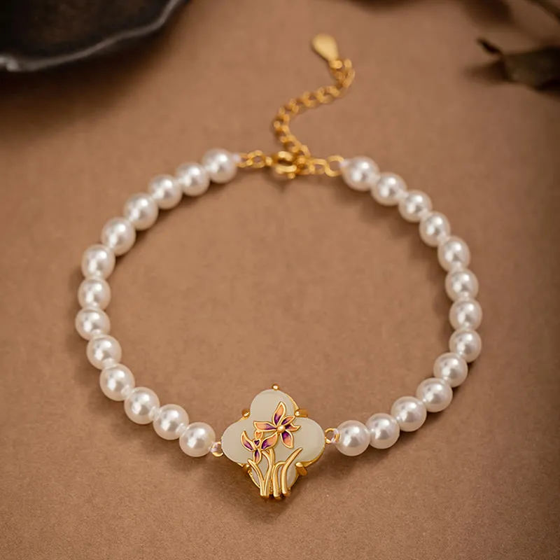 Buddha Stones 925 Sterling Silver Hetian Jade Orchid Four Leaf Clover Fu Character Pearl Luck Necklace Pendant Bracelet Set