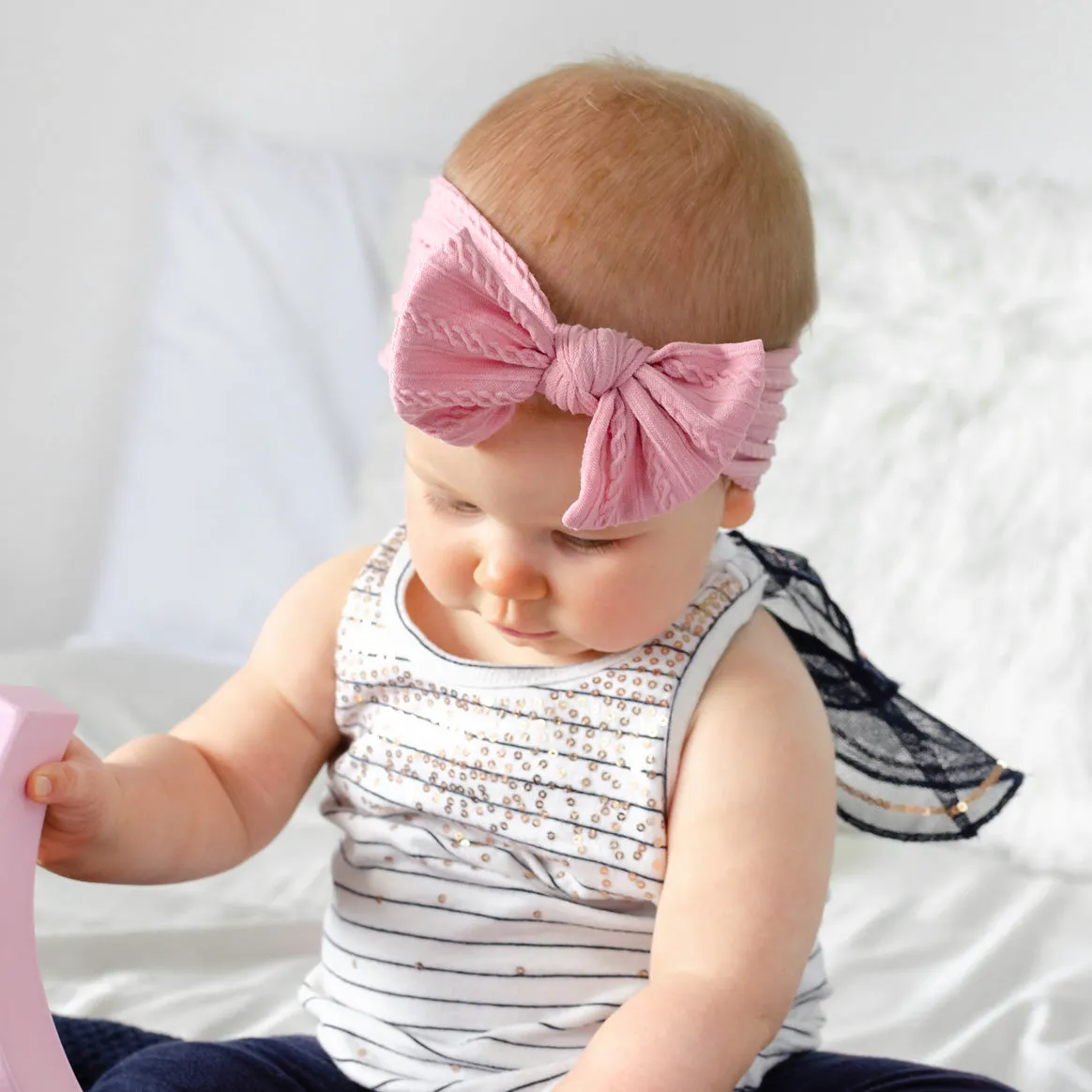 Cable Bow Headband - Dusty Pink