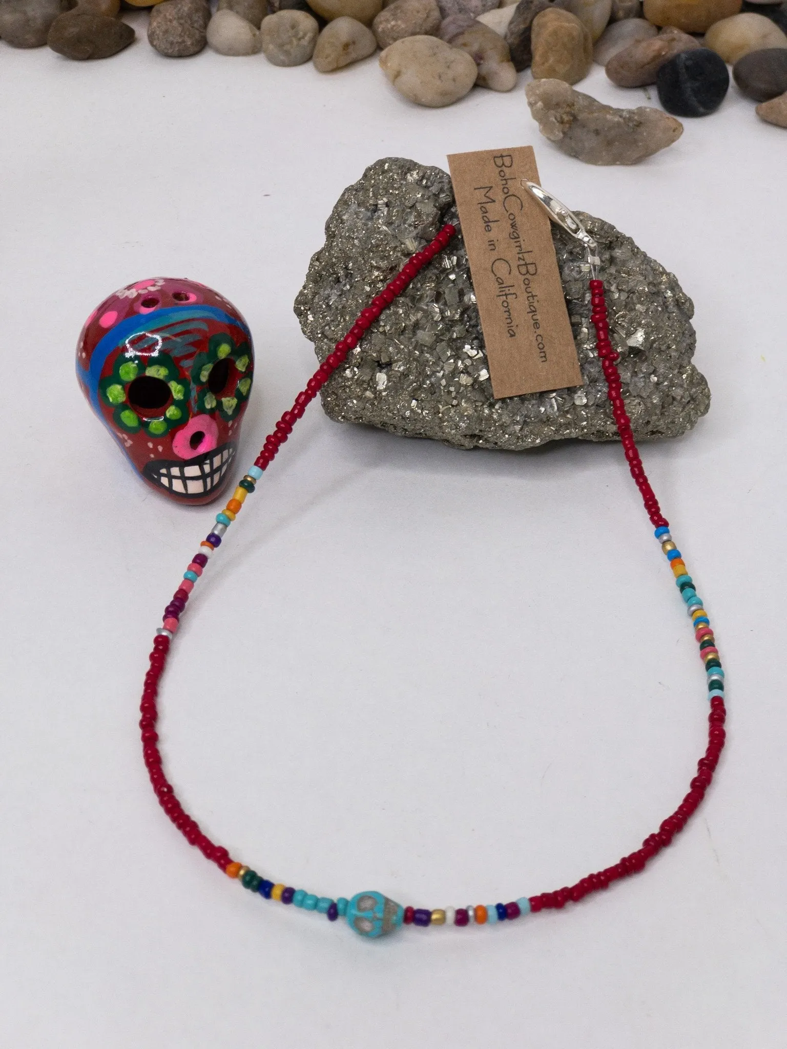 Calavera Red Serape Beaded Choker Necklace