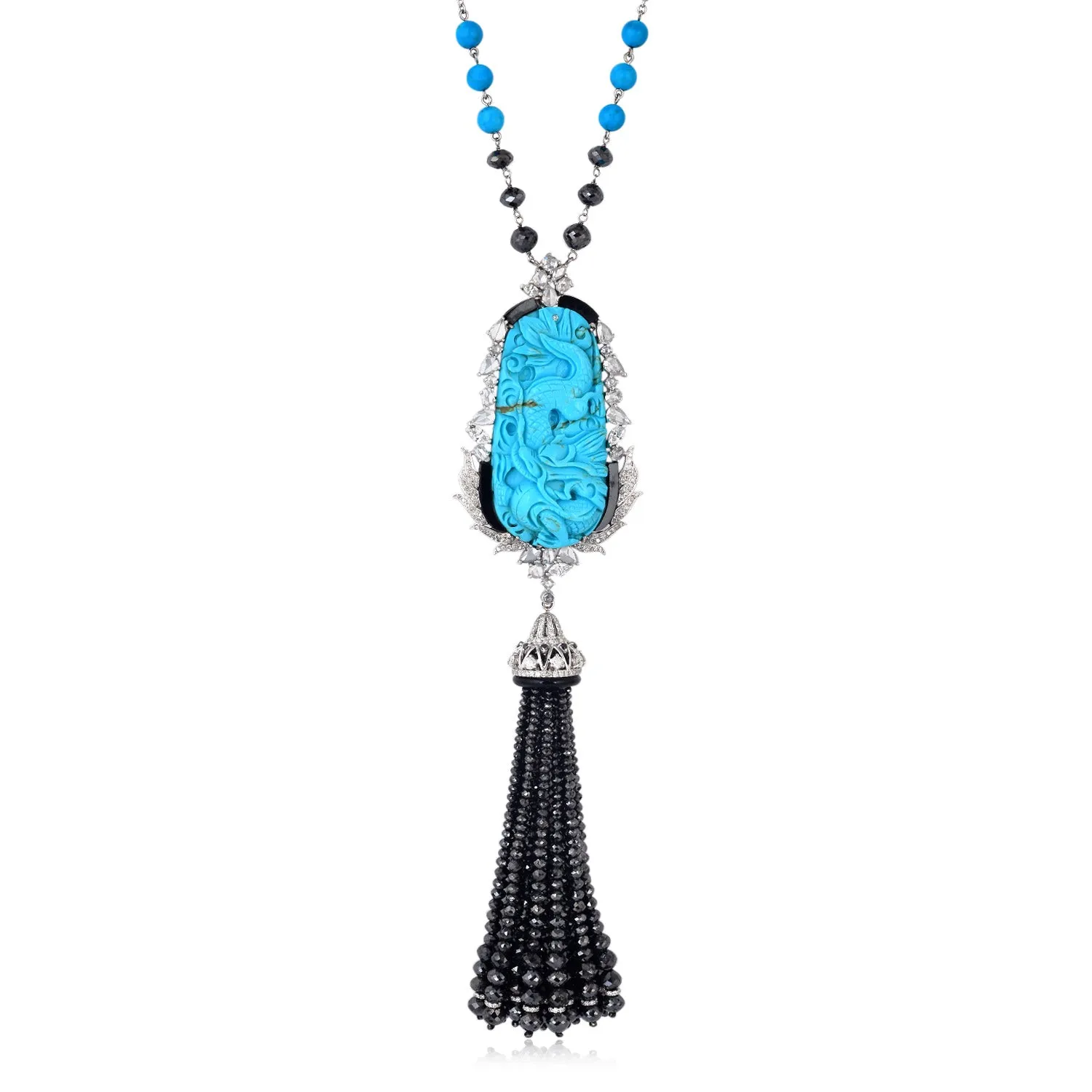 Carved Turquoise Beads Onyx Pave Diamond Beautiful Tassel Opera Necklace In White Gold