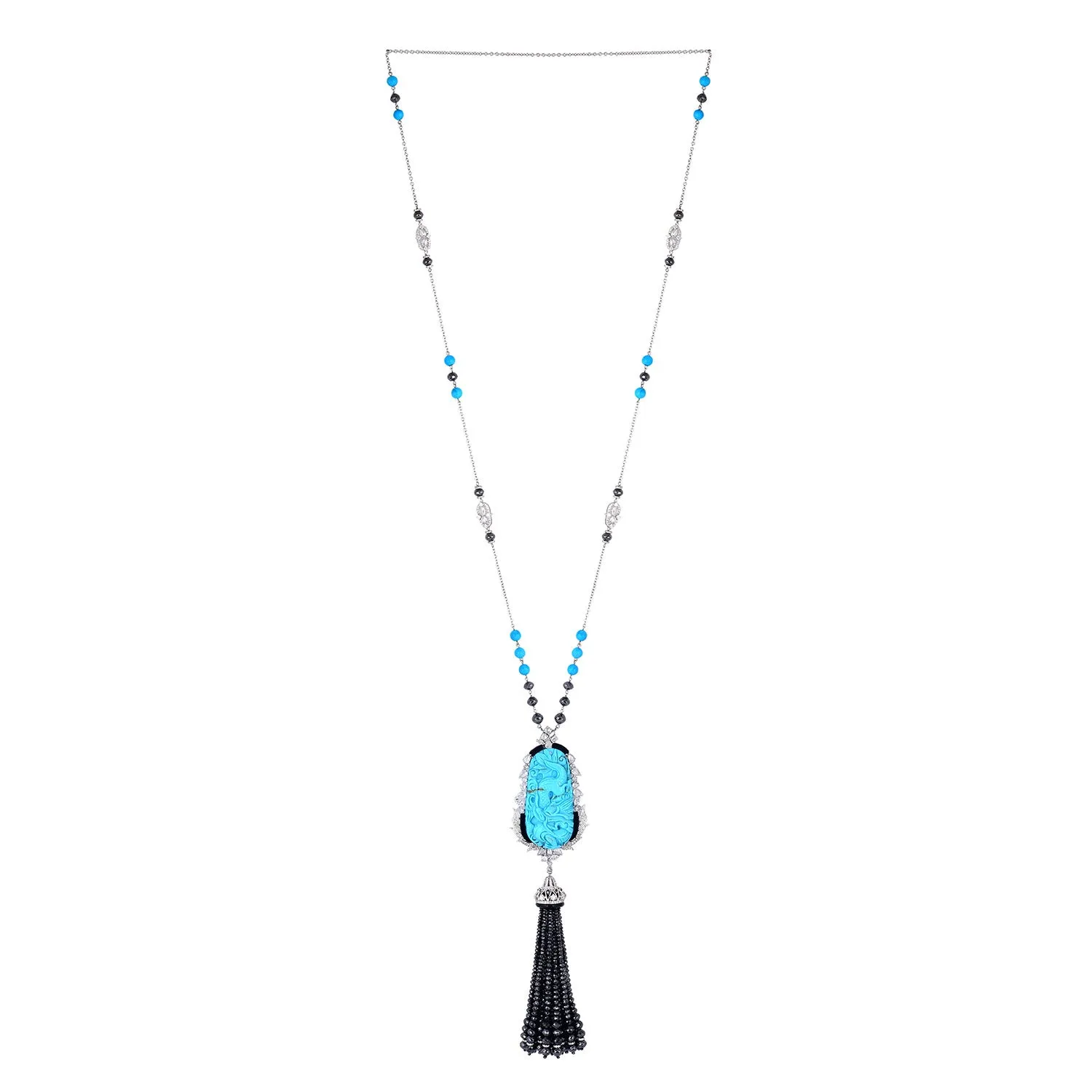 Carved Turquoise Beads Onyx Pave Diamond Beautiful Tassel Opera Necklace In White Gold