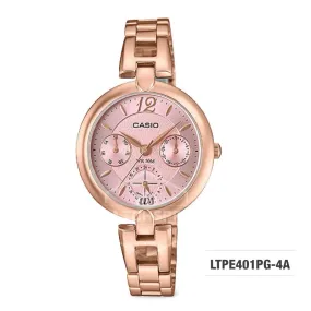 Casio Ladies' Standard Analog Pink Gold Ion Plated Band Watch LTPE401PG-4A LTP-E401PG-4A