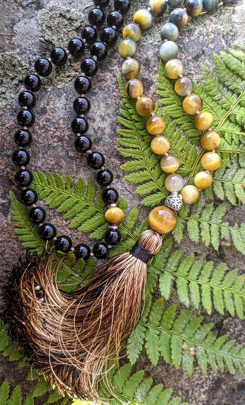 Cats Eye, Eagle Eye, Honey Mustard Tiger Eye, Onyx & Silver Beads in 108 Bead Prayer Necklace