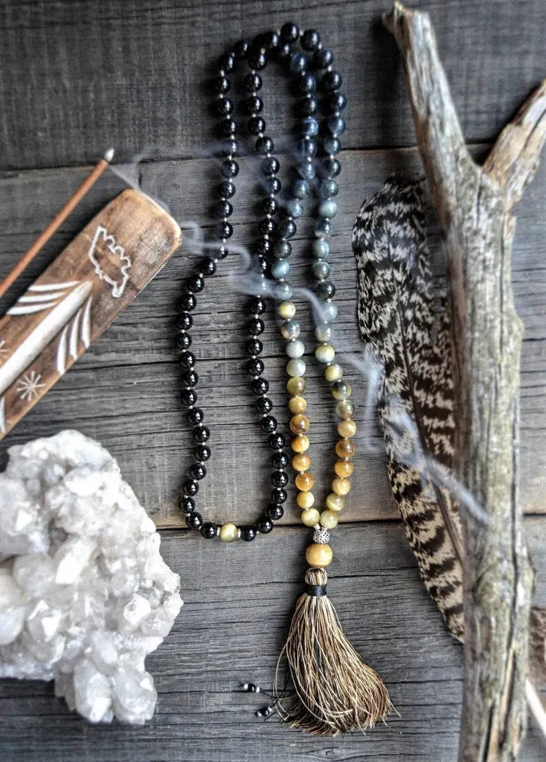 Cats Eye, Eagle Eye, Honey Mustard Tiger Eye, Onyx & Silver Beads in 108 Bead Prayer Necklace