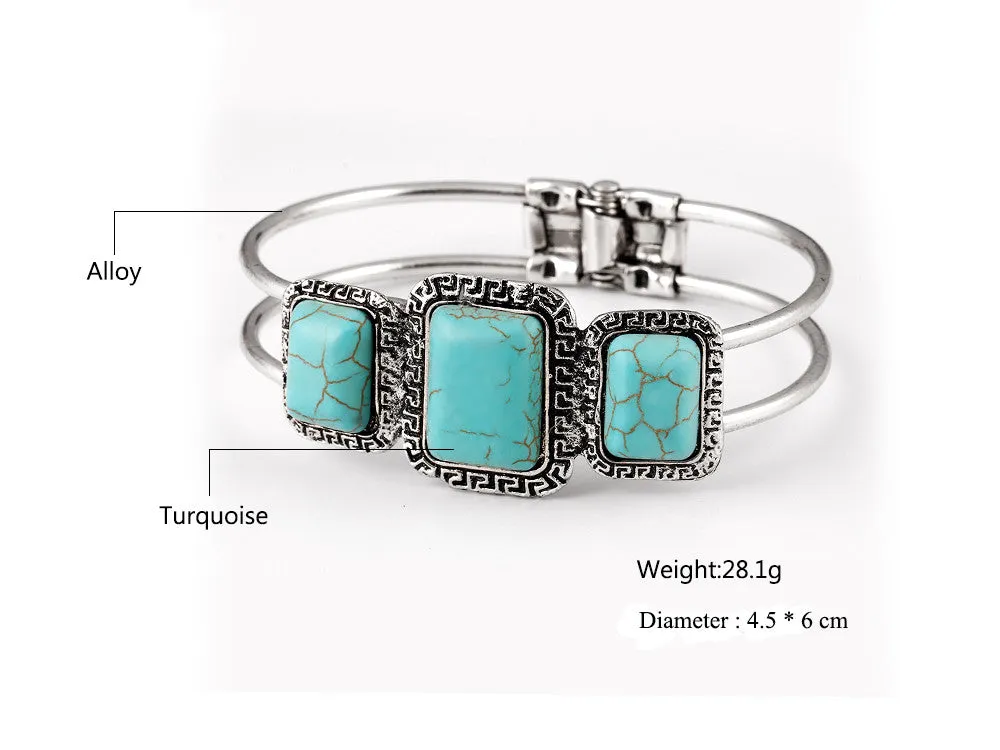 Charms Tibetan Silver Bracelet Square Turquoise Bangle Vantage Carved Design For Women Fashion Jewelry pulsera Accessory