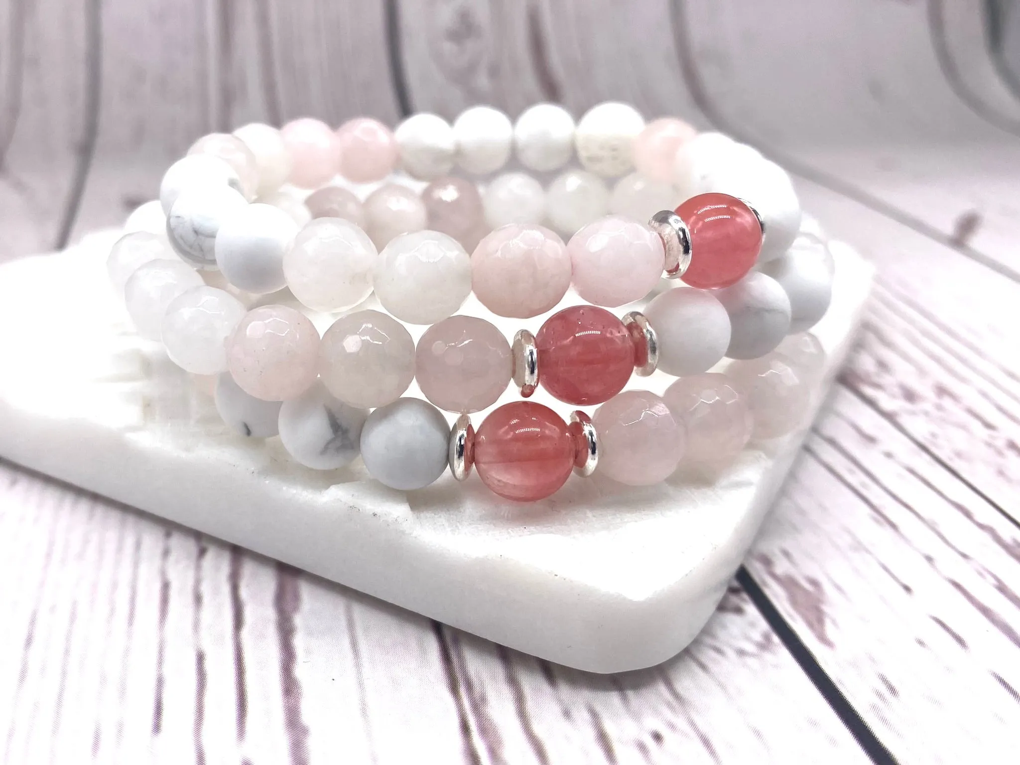 Cherry Quartz with Lava Stone and Clear Jade Diffuser Bracelet