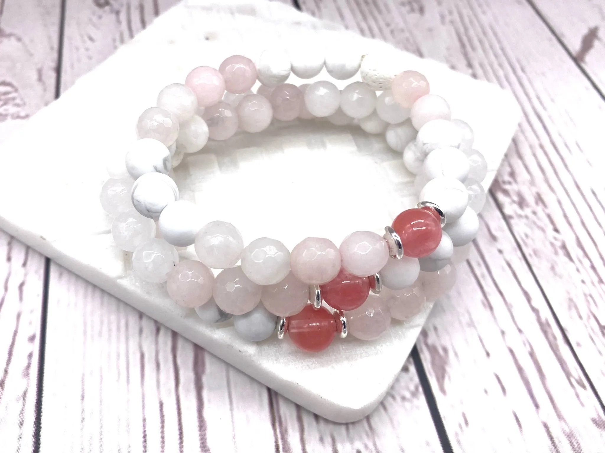 Cherry Quartz with Lava Stone and Clear Jade Diffuser Bracelet