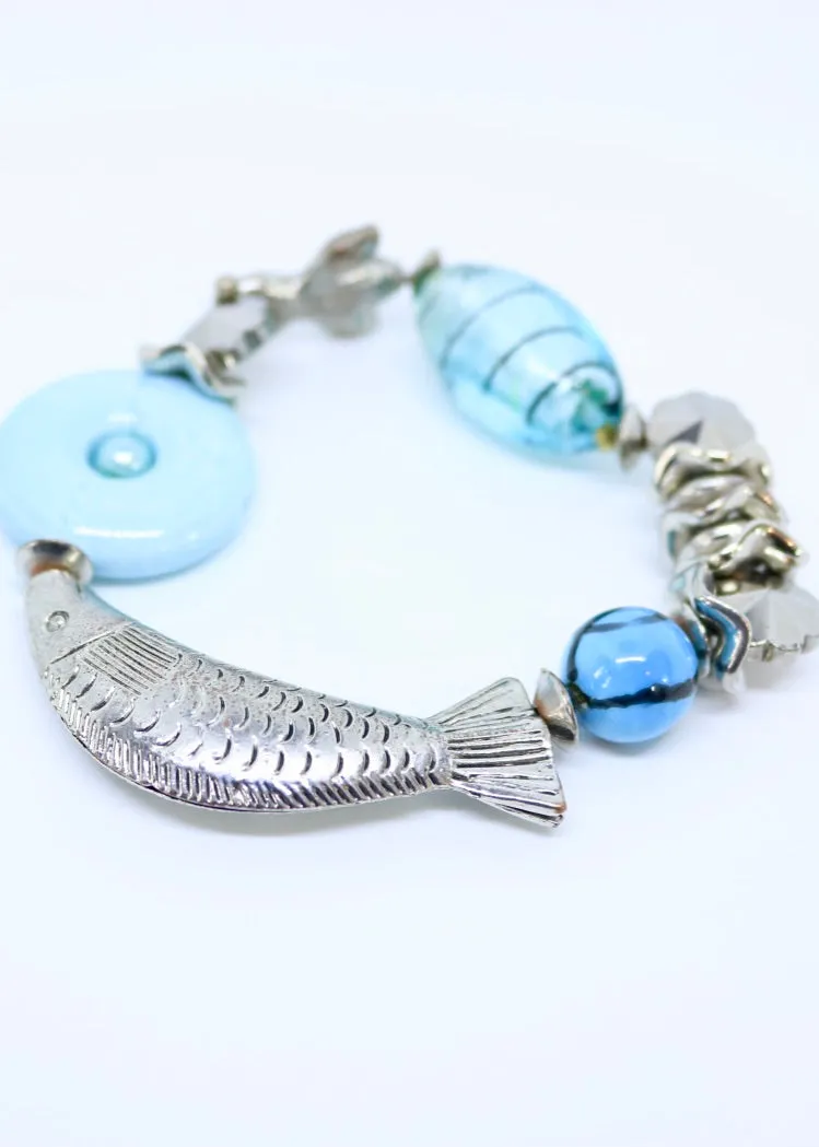 Chunky Fish Turquoise Bead Bracelet with Turquoise Stones - By Feathers Of Italy