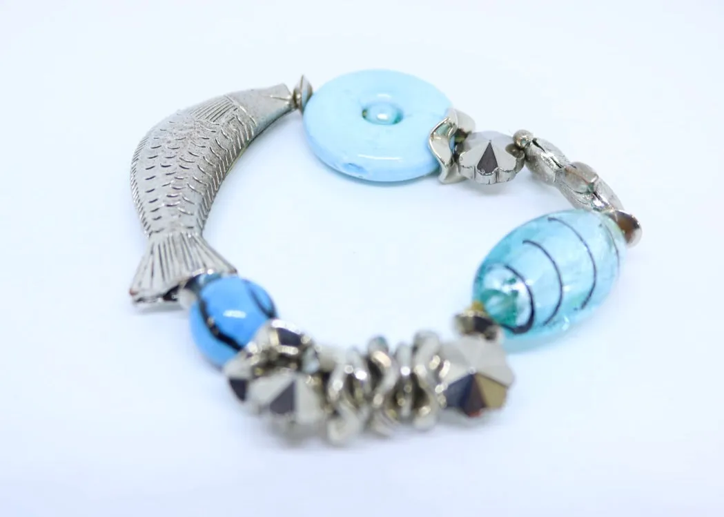 Chunky Fish Turquoise Bead Bracelet with Turquoise Stones - By Feathers Of Italy