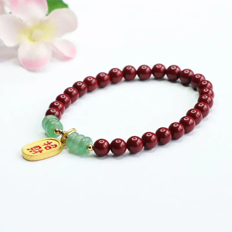 Cinnabar and Gold Sand Aventurine Jade Sterling Silver Bracelet