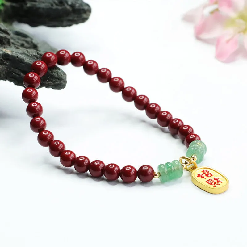 Cinnabar and Gold Sand Aventurine Jade Sterling Silver Bracelet