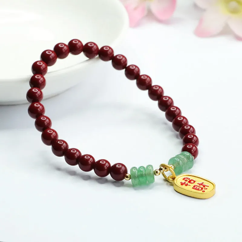 Cinnabar and Gold Sand Aventurine Jade Sterling Silver Bracelet