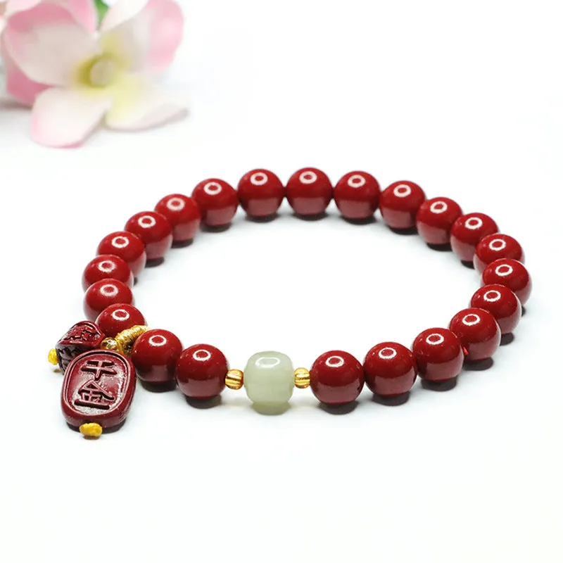 Cinnabar and Jade Sterling Silver Bracelet