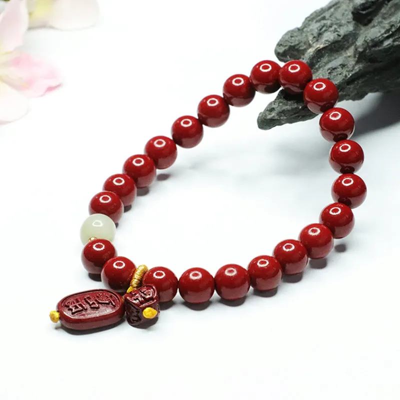 Cinnabar and Jade Sterling Silver Bracelet