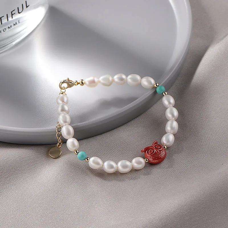 Cinnabar Female New Niche Owl Turquoise Freshwater Pearl Bracelet