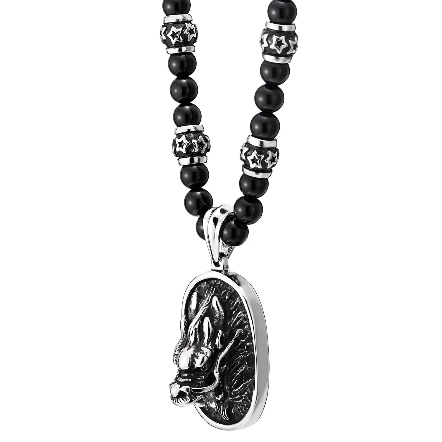 COOLSTEELANDBEYOND Mens Embossed Dragon Head Pendant Necklace, Black Onyx Beads Chain Stainless Steel Blackened Dog Tag