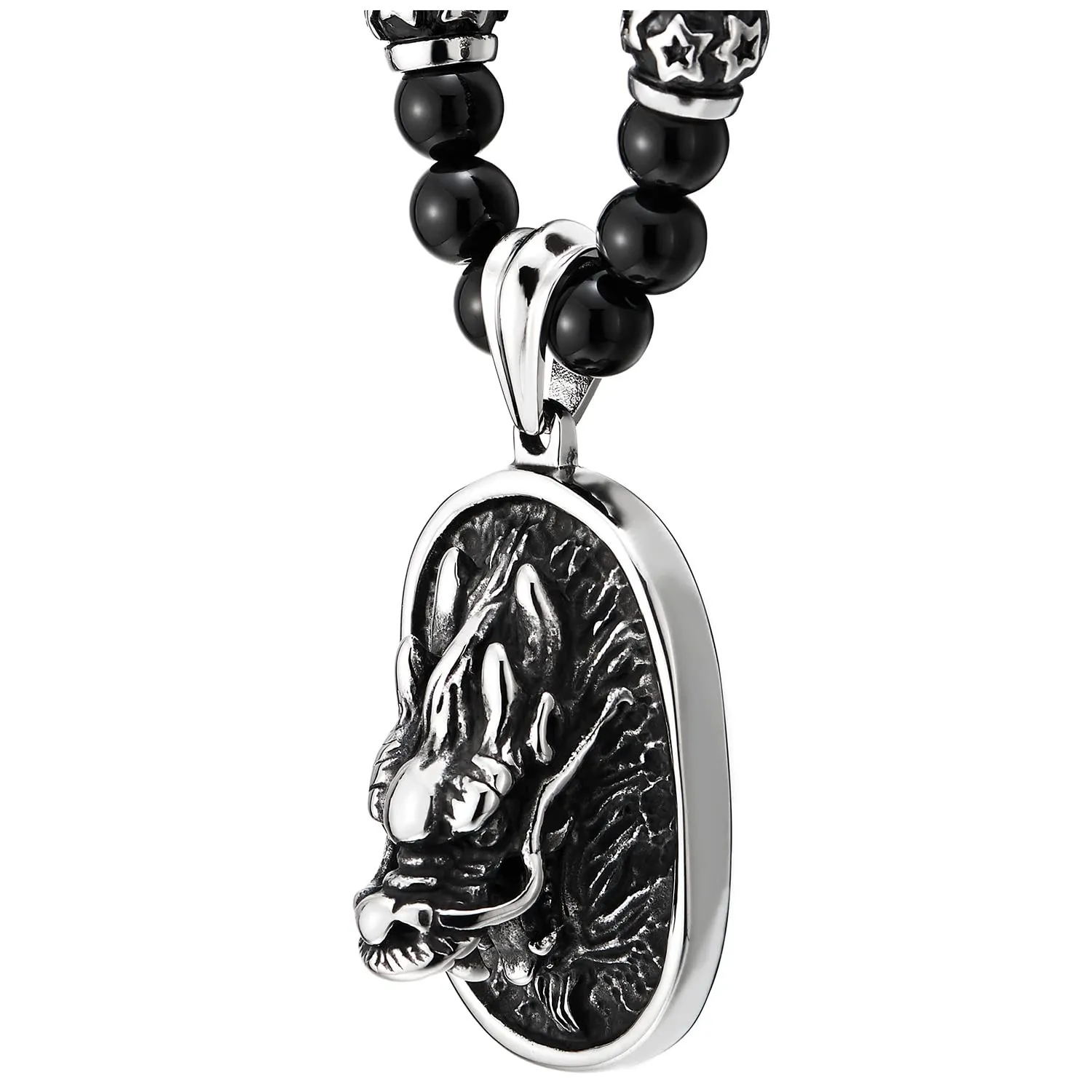 COOLSTEELANDBEYOND Mens Embossed Dragon Head Pendant Necklace, Black Onyx Beads Chain Stainless Steel Blackened Dog Tag