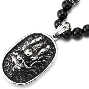 COOLSTEELANDBEYOND Mens Embossed Dragon Head Pendant Necklace, Black Onyx Beads Chain Stainless Steel Blackened Dog Tag