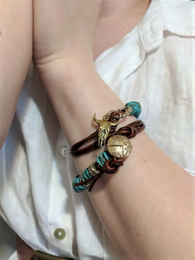 Cow Skull Natural Turquoise Leather Wrap Bracelet - Necklace 2in1