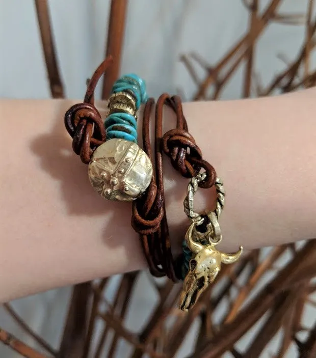 Cow Skull Natural Turquoise Leather Wrap Bracelet - Necklace 2in1