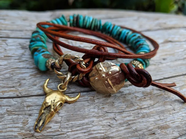 Cow Skull Natural Turquoise Leather Wrap Bracelet - Necklace 2in1