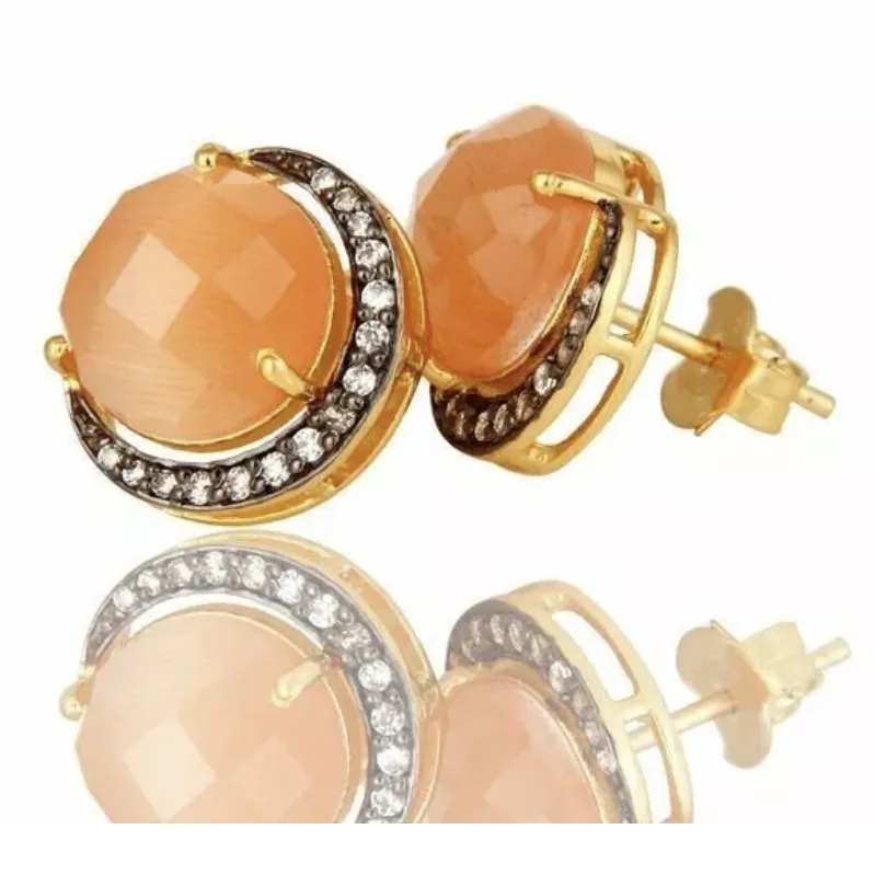 Crescent Moon Peach Moonstone Gold and Rhodium Stud Earrings